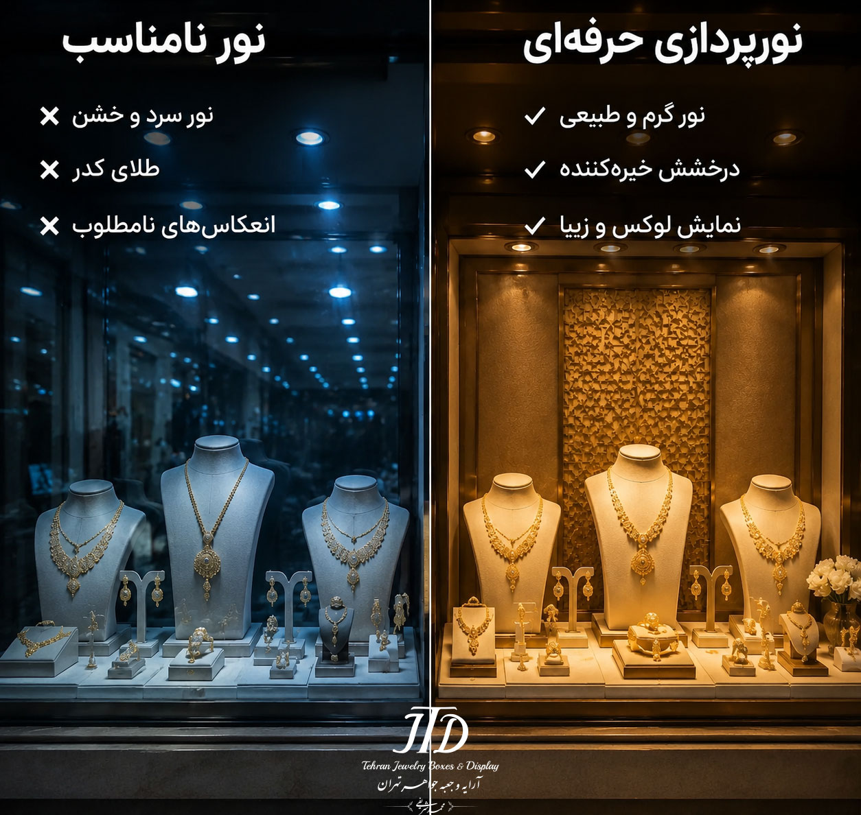 نور و رنگ ویترین طلافروشی